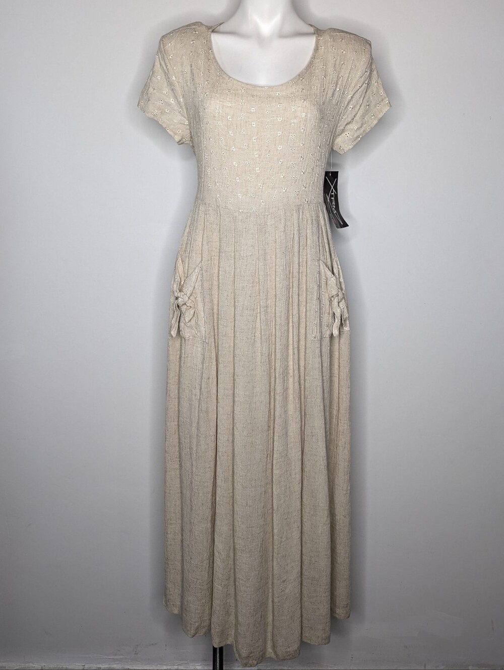 NWT Vintage Xtrmz Cream Eyelet Lace 90s Short Sleeve Linen Blend Dress 12